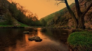 lago, estanque, piedras, árboles, crepúsculo, hierba, tarde