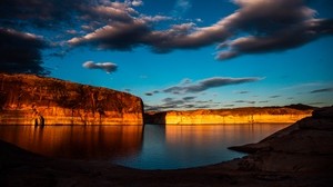 lake, rocks, canyon, flooded, clouds - wallpapers, picture