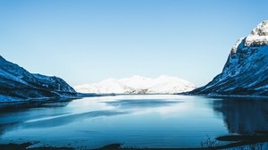 lake, snow, mountains, sky, trees, shore, winter - wallpapers, picture
