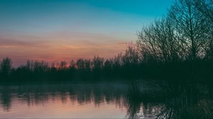 lake, fog, trees, sunset