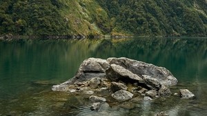 湖，雾，岩石，山，石头，新西兰