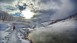 lake, fog, snow, man, winter, mountains