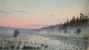 lake, ducks, fog, morning, painting, art, reeds