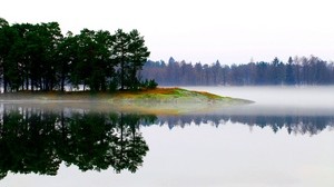 lake, morning, fog, trees, islet, landscape - wallpapers, picture