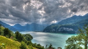 valensee lake, alps, switzerland, aerial view, hdr - wallpapers, picture