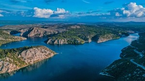 lake, aerial view, islands, sky, clouds, landscape