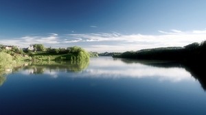 lake, water surface, clouds, reflection, shore