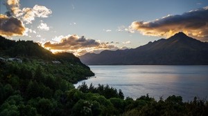 湖泊，日落，树木，山脉，瓦卡蒂普，新西兰 - wallpapers, picture