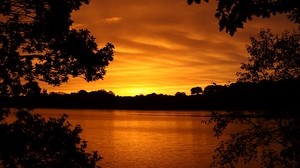 lago, tramonto, alberi, orizzonte, sera
