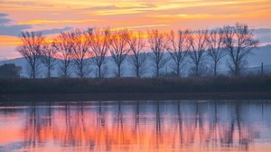 sjö, solnedgång, träd, reflektion