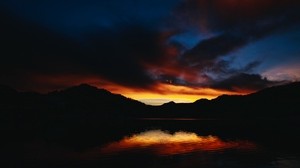 湖，日落，地平线，罗马尼亚