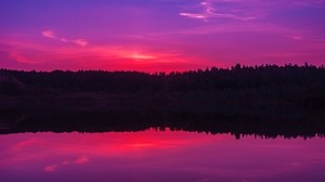 sjö, solnedgång, horisont, kväll, natt, himmel