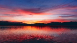 lake, sunset, horizon, sky, trees, dusk