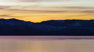 lake, sunset, mountains, mountain range