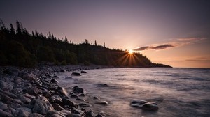 lake, sunset, stones, shore, trees - wallpapers, picture