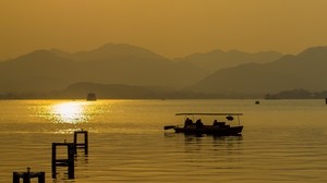 lake, sunset, boat, horizon