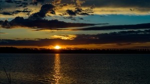 lake, sunset, clouds, dusk, dark, ripples