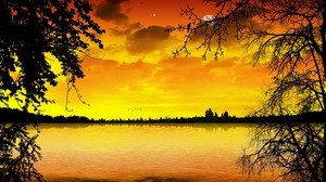 sjö, solnedgång, apelsin, träd, grenar, konturer, måne, stjärna