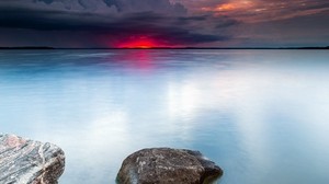 lake, sunset, landscape, water, stones, horizon - wallpapers, picture