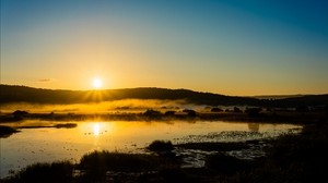 lake, sunset, grass, sky, shadows