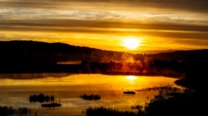 湖、日没、霧、夕暮れ、風景