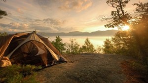 tent, shore, lake, sunset, romance, sky