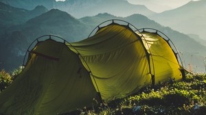 帐篷，山脉，旅行，露营，雾，天空