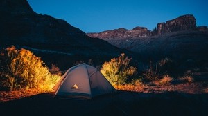 tent, camping, mountains, sunset