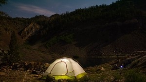 tenda, campeggio, natura, montagne, lago, sera