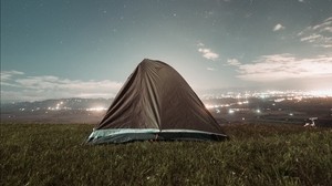 tent, camping, nature, night, city, view