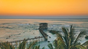 palm trees, ocean, sunset, pier, building - wallpapers, picture