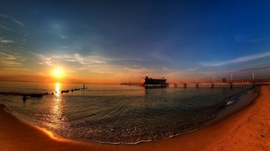 panorama, muelle, orilla, puesta de sol