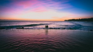 couple, sea, sunset, surf