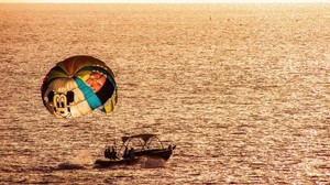 parachute, paragliding, boat, sea, sunset
