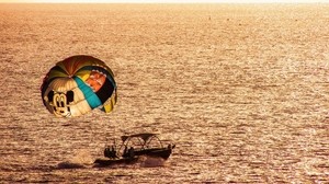 paracadute, parapendio, barca, mare, tramonto