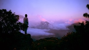 guy, mountains, fog, clouds, top