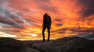 guy, silhouette, sunset