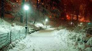 parco, luce, lanterna, inverno, cumuli di neve, gennaio