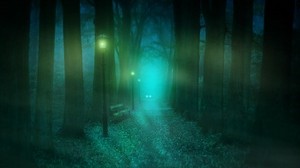 park, fog, lantern, bench, mystical