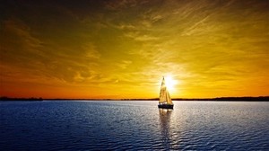 sailboat, sunset, orange, sea, lonely