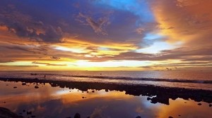 风景，日落，海岸，天空，反射