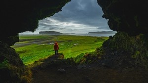 cueva, hombre, paisaje, costa, verdes