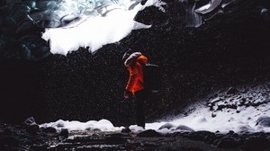 cave, ice, man, tourist, ice floes, snow - wallpapers, picture