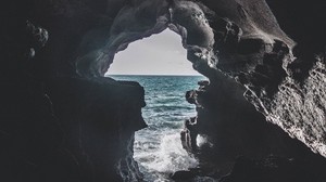 洞穴，大海，冲浪，石头，泡沫