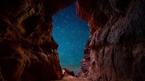 cave, starry sky, stars, rocks, desert
