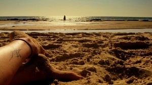 sabbia, spiaggia, spiaggia, gambe, tatuaggio, coppia, il resto