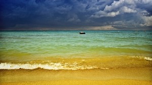 sand, sea, coast, beach, resort, clouds, sky, horizon, people - wallpapers, picture