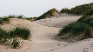 hiekka, ruoho, jalanjäljet