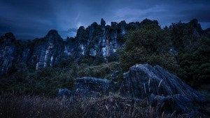 piopio, new zealand, mountains, rocks, grass, evening - wallpapers, picture
