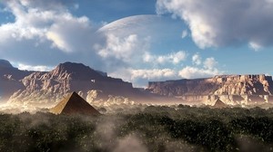 pyramid, fiction, planet, sky, canyons, mountains, forest